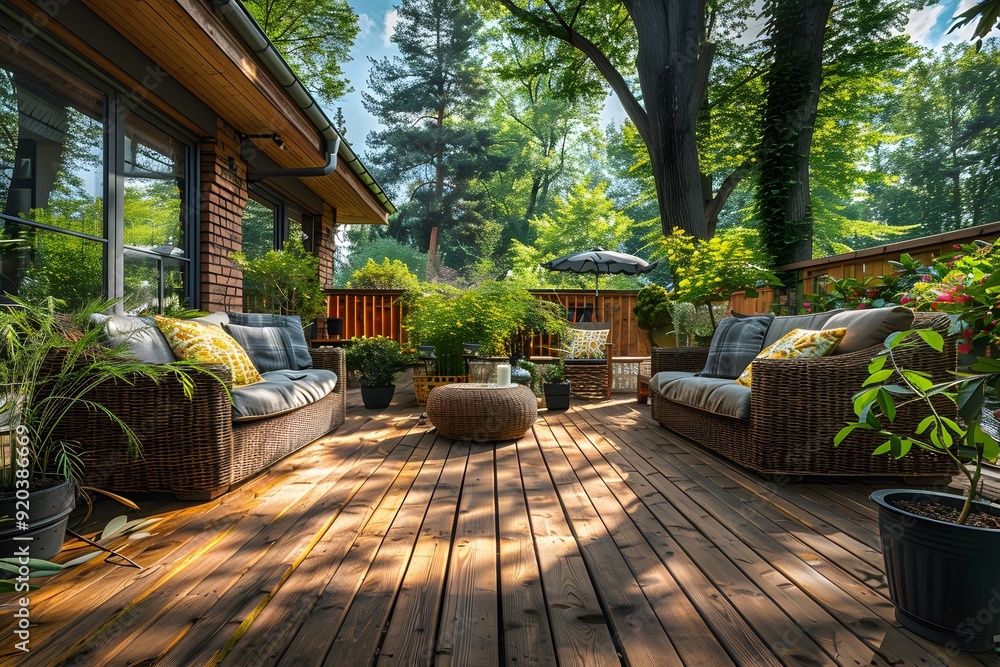 Serene Outdoor Living Space Surrounded by Lush Greenery