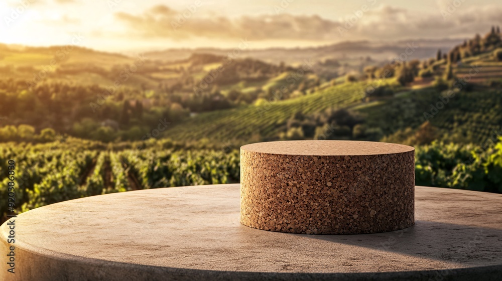 Obraz premium 240804 235. Cylindrical stand podium for displaying the product on any background in any environment with cork texture, wine cork board surroundings, immersive Tuscan vineyard landscape, sustainable