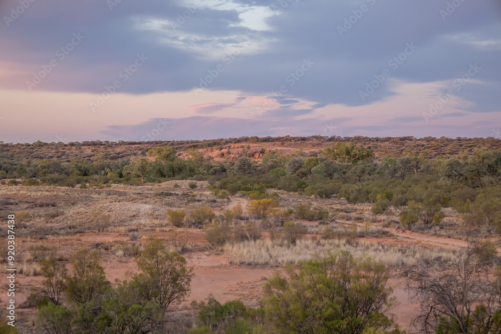 A landscape of a plain of grassland and mulga vegetation in a recovering section of Currawinya National Park with a granite outcrop in the centre at sunset and in the distance in Queensland, Australia A landscape of a plain of grassland and mulga vegetation in a recovering section of Currawinya National Park with a granite outcrop in the centre at sunset and in the distance in Queensland, Australia