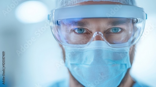 A man wearing a mask and goggles is standing in front of a white background