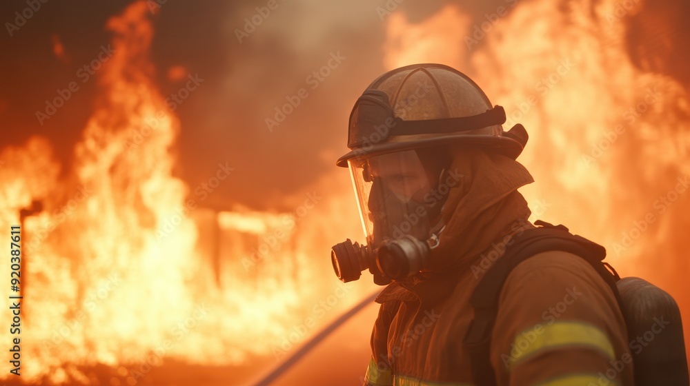 A firefighter is standing in front of a burning building A firefighter is standing in front of a burning building