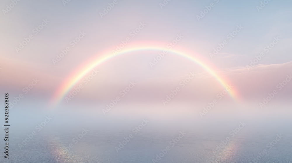 A rainbow is seen in the sky above a body of water A rainbow is seen in the sky above a body of water