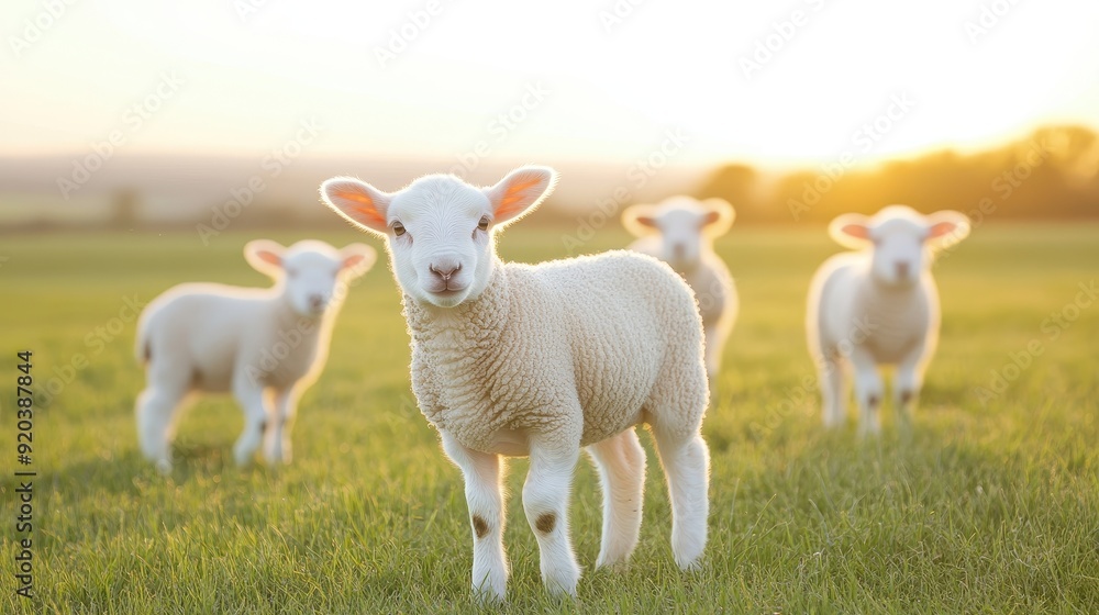 A group of sheep are standing in a field with the sun shining on them A group of sheep are standing in a field with the sun shining on them
