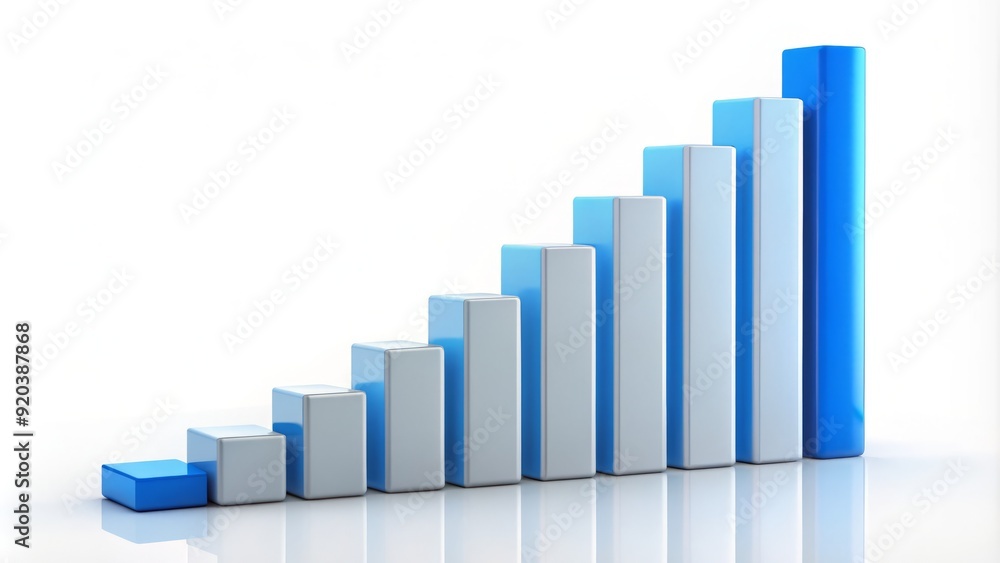Isolated bar graph with ascending blue columns on a clean white background, representing growth, progress, and financial success in a minimalist and modern style. Isolated bar graph with ascending blue columns on a clean white background, representing growth, progress, and financial success in a minimalist and modern style.