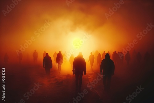 Silhouettes of people walking towards the Shining Fire in a mysterious atmospheric setting