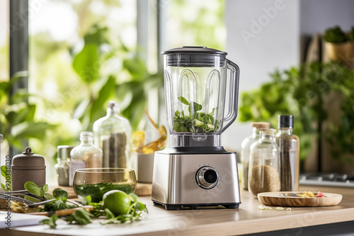 Modern food blender on a kitchen counter surrounded by fresh vegetables and ingredients ready for meal preparation photo