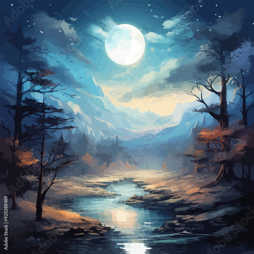Moon Shine Landscape Watercolor Vector Illustration.