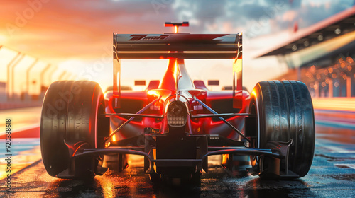 Formula 1 Racing car on track at sunset close up, back view. Racing car on track during F1 gran prix or qualification. Formula 1 gran prix, world championship, qualification broadcasting photo