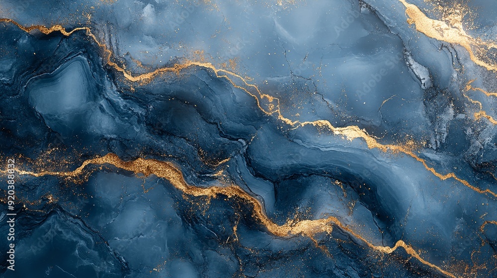 Blue and gold marble texture with water, wind waves, and rock patterns Blue and gold marble texture with water, wind waves, and rock patterns