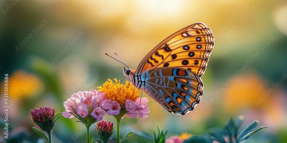 Obraz premium Vibrant Butterfly Landing on Colorful Flower with Blurred Background, generative ai