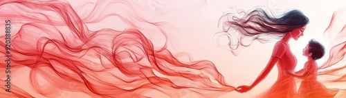 Graceful Mother's Day banner with red flowing abstract lines and side profile of mother and child