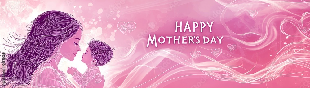 Mother's Day banner with a mother holding her baby in a pink dreamy abstract background Mother's Day banner with a mother holding her baby in a pink dreamy abstract background