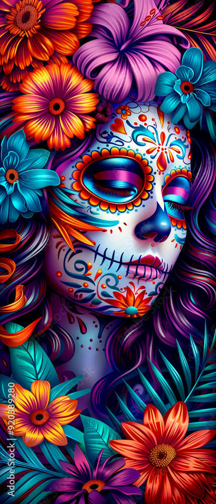 A woman's face is painted with flowers and skulls. The flowers are in various colors and sizes, and the skulls are in different shapes and sizes as well. Scene is colorful and artistic A woman's face is painted with flowers and skulls. The flowers are in various colors and sizes, and the skulls are in different shapes and sizes as well. Scene is colorful and artistic