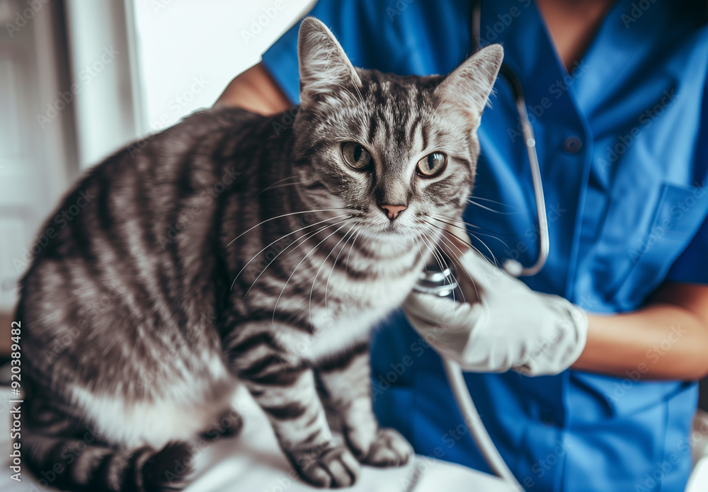 A grey tabby cat being examined by a doctor at a veterinary clinic A grey tabby cat being examined by a doctor at a veterinary clinic