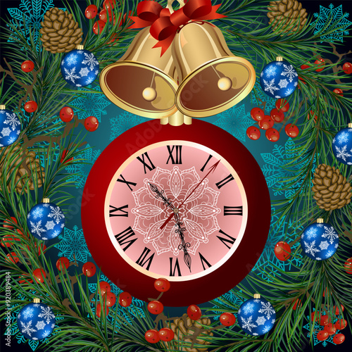Beautiful clock in a Christmas wreath.Christmas decorations with balls, clocks and bells on a Christmas wreath in color vector illustration.