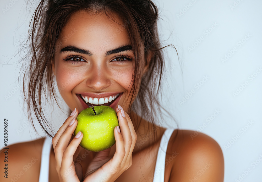 Woman with a beautiful smile enjoying a green apple against a white background Woman with a beautiful smile enjoying a green apple against a white background