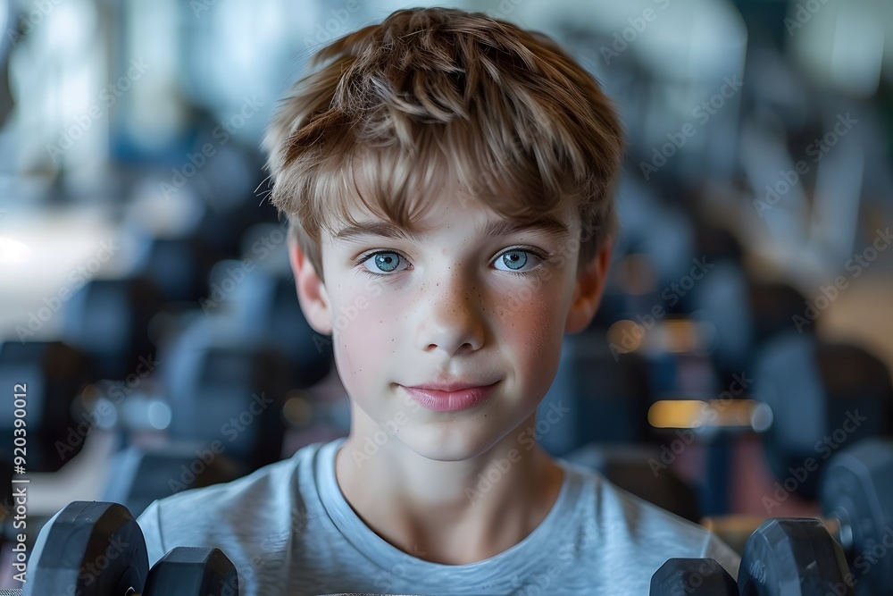 Young Boy in a Gym Surrounded by Dumbbells Young Boy in a Gym Surrounded by Dumbbells