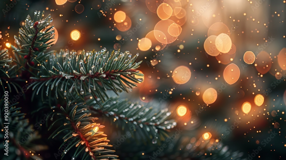 Close-up of evergreen branches adorned with soft bokeh lights during a festive holiday evening Close-up of evergreen branches adorned with soft bokeh lights during a festive holiday evening