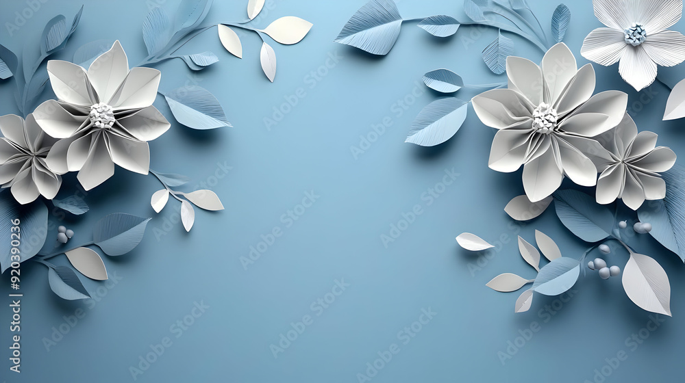 A serene blue background adorned with elegant paper flowers and leaves. A serene blue background adorned with elegant paper flowers and leaves.
