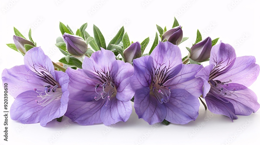 Close-up of purple flowers in full bloom with accompanying buds and green leaves, isolated on white. Close-up of purple flowers in full bloom with accompanying buds and green leaves, isolated on white.