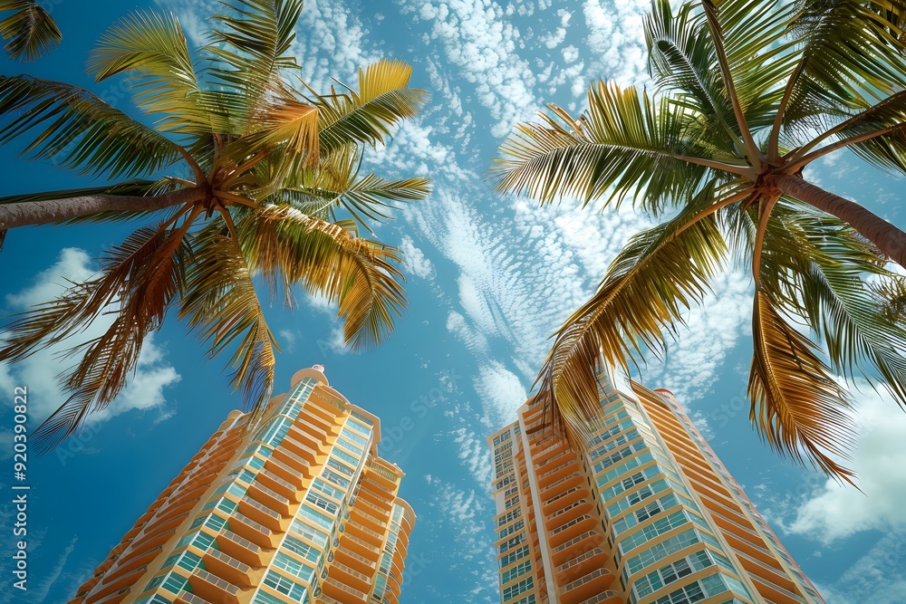 Fototapeta premium Tropical Paradise: Palm Trees and Skyscrapers Under a Blue Sky