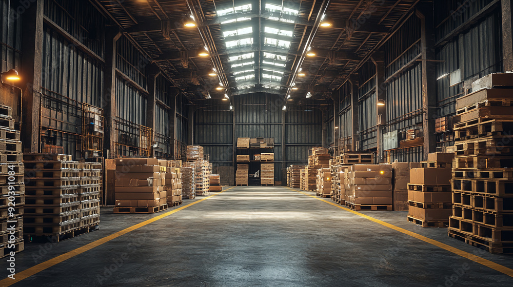 Warehouse interior with stacked cardboard boxes and pallets. Generative AI Warehouse interior with stacked cardboard boxes and pallets. Generative AI