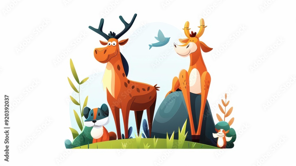 Fototapeta premium Discover the charm of wildlife and the crucial need to protect our planet in this vibrant cartoonstyle illustration.