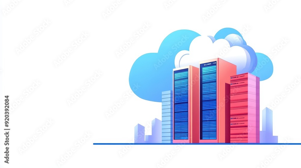 A vibrant illustration of a data center, showcasing modular racks and cloud storage with eyecatching textures and colors. A vibrant illustration of a data center, showcasing modular racks and cloud storage with eyecatching textures and colors.