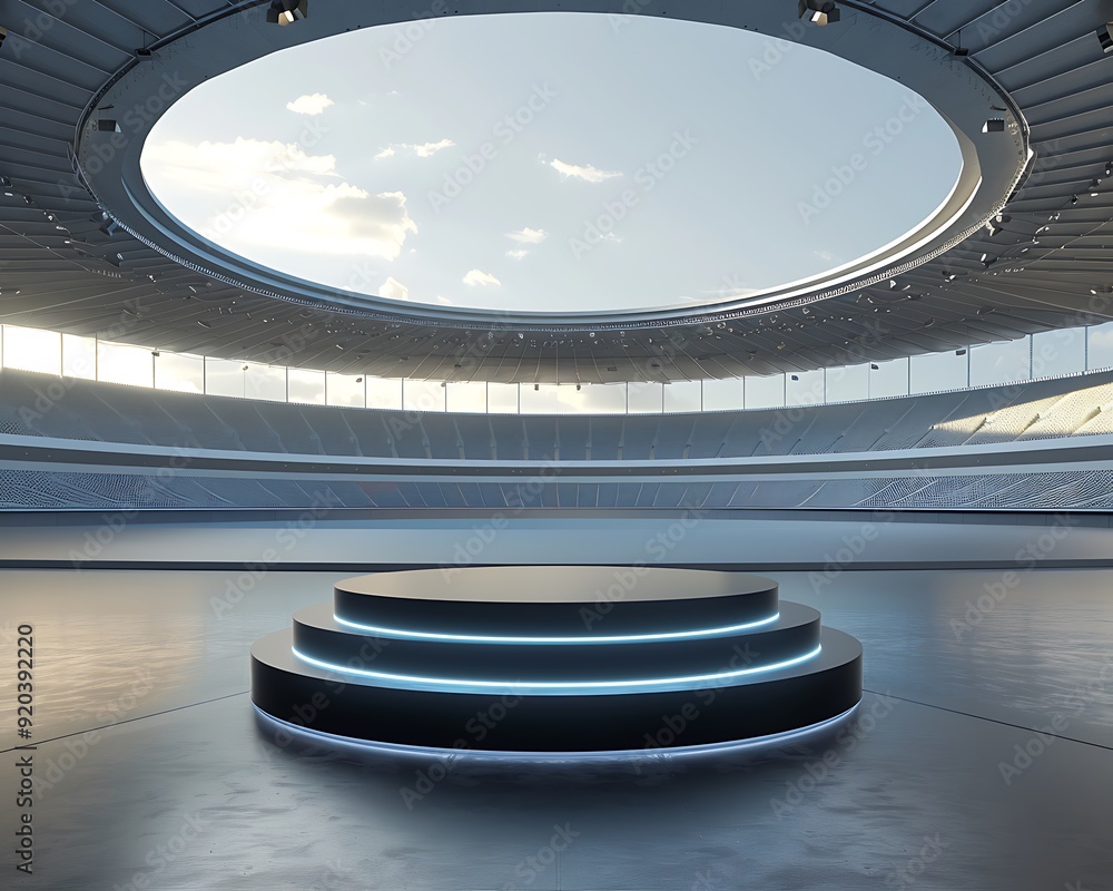 Obraz premium Clean, modern podium in a large empty stadium, ideal for showcasing new products.