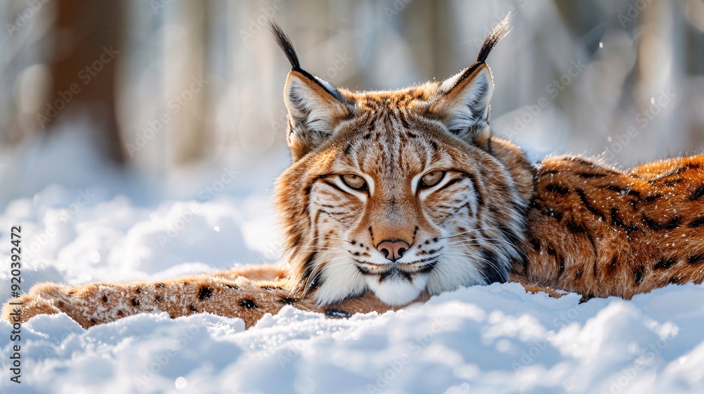 Obraz premium This image captures a regal lynx lying on snowy ground, with a focused gaze and snow-covered forest in the background.