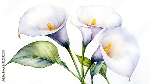 Fototapeta Naklejka Na Ścianę i Meble -  A beautiful illustration of three calla lilies with delicate petals and vibrant colors.