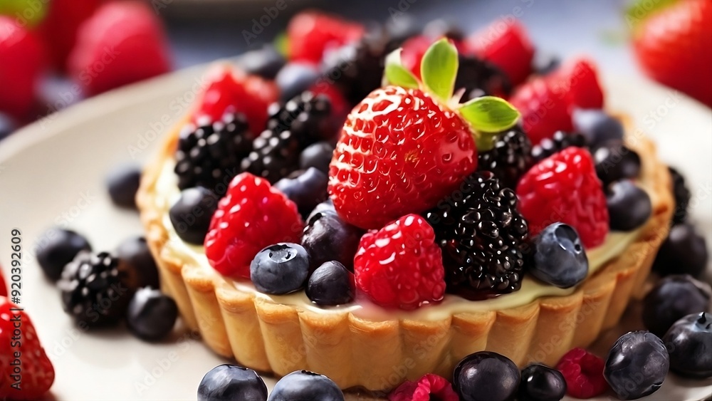 Delicious Mini Pie with Strawberry and Berry Toppings Served on a Plate. Perfect for Desserts Delicious Mini Pie with Strawberry and Berry Toppings Served on a Plate. Perfect for Desserts