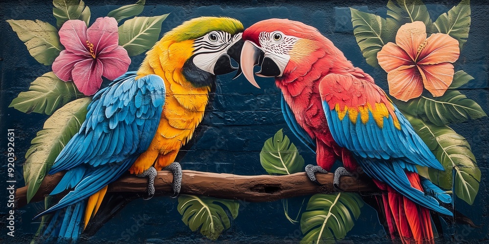 Obraz premium Colorful Kiss: Parrots in a Tropical Paradise Mural, generative ai