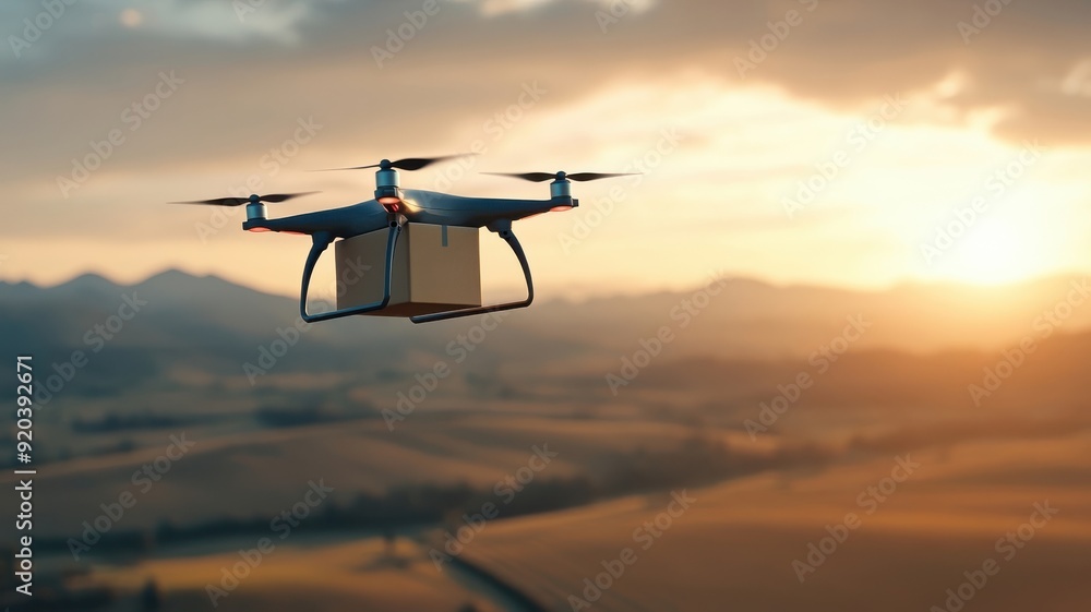 Drone flying over scenic countryside with rolling hills and farmland, set against a golden sunset sky. Drone flying over scenic countryside with rolling hills and farmland, set against a golden sunset sky.