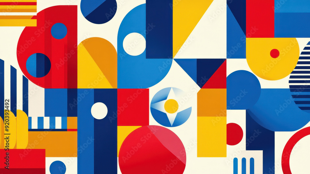 A vibrant abstract backdrop featuring geometric shapes in three lively colors, perfect for modern design projects. A vibrant abstract backdrop featuring geometric shapes in three lively colors, perfect for modern design projects.