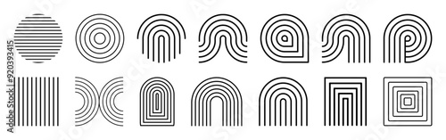 Line geometric arch and circle abstract shapes. Abstract linear geometric arch shape. Contemporary mid century line arch design set.