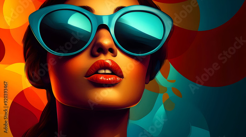 A stylized portrait of a woman wearing oversized sunglasses with vibrant colors in the background.