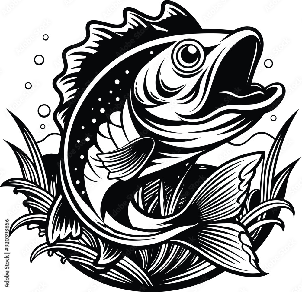 Fototapeta premium Black Bass Fish Silhouette line art vector illustration