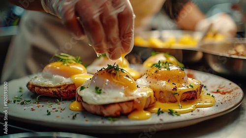 A chef adds a finishing touch to a plate of eggs benedict. photo