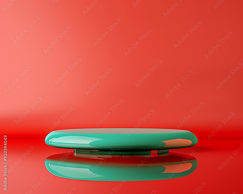 Glossy green podium with subtle reflections on a bright red background, showcasing bold and vibrant colors. Glossy green podium with subtle reflections on a bright red background, showcasing bold and vibrant colors.