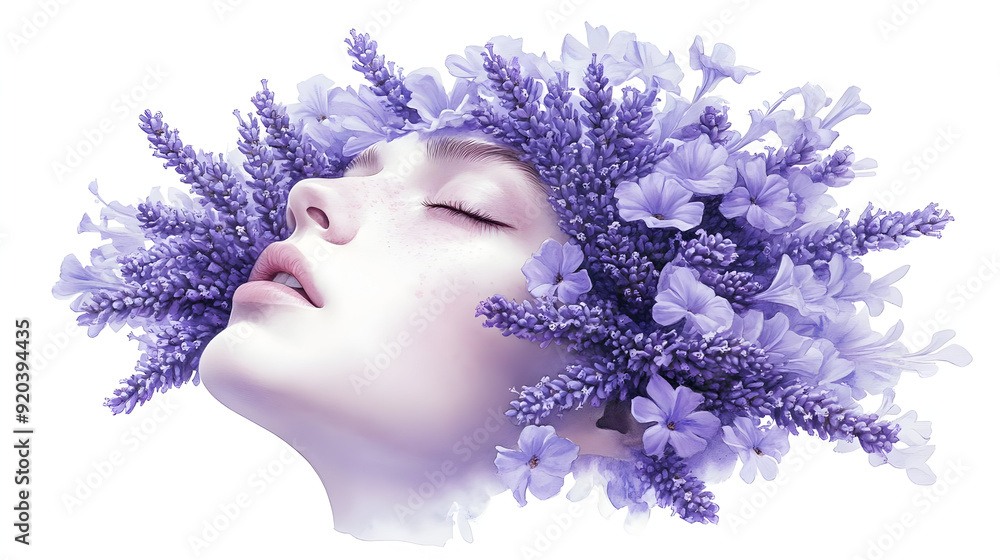 A serene face adorned with purple flowers, symbolizing beauty and nature. A serene face adorned with purple flowers, symbolizing beauty and nature.