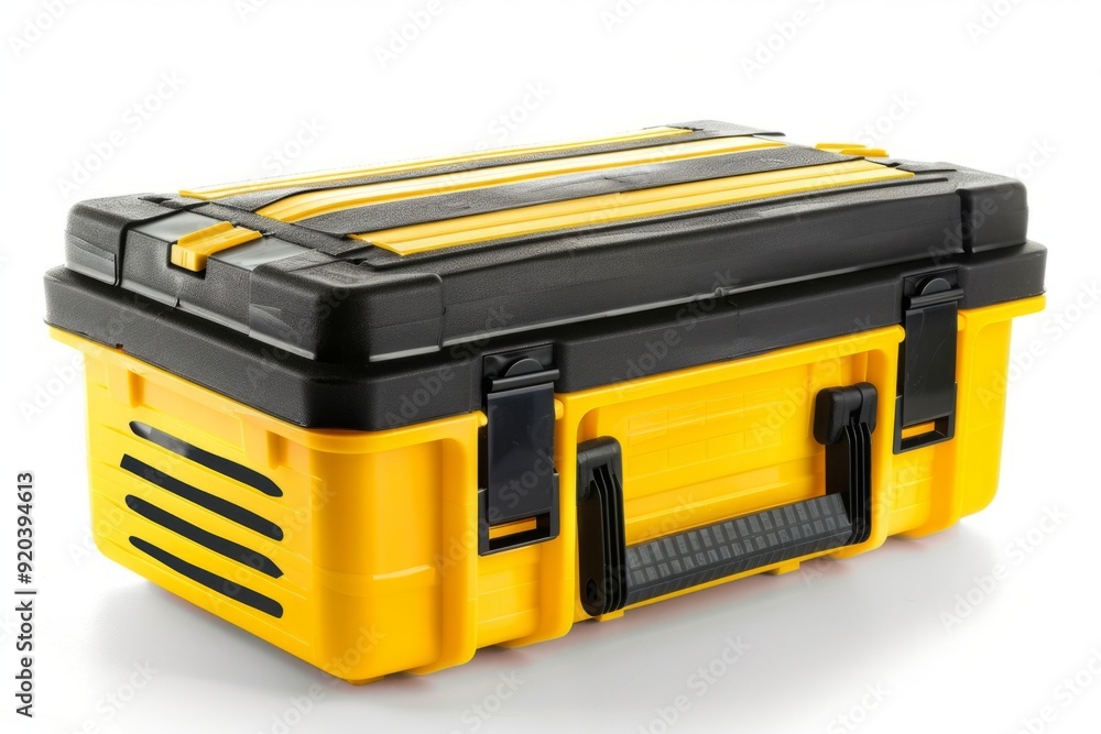 Yellow and black plastic toolbox with handle. Ideal for storing tools and small items. A conceptual representation of organization and utility. Generative AI. Yellow and black plastic toolbox with handle. Ideal for storing tools and small items. A conceptual representation of organization and utility. Generative AI.