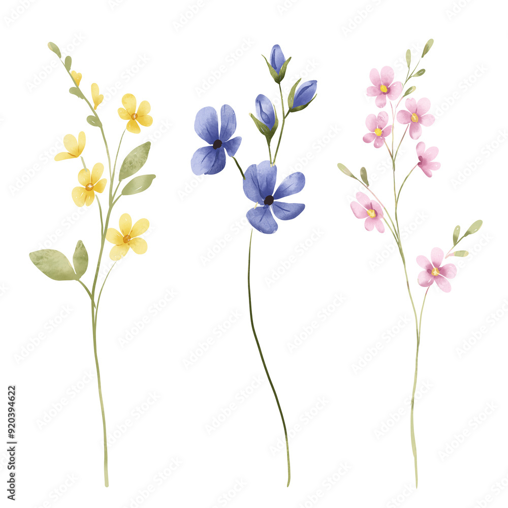 Naklejka premium Flowers and leaves set, floral watercolor digital illustration for greeting card, invitation and other printing design. Isolated on white. Hand drawing.