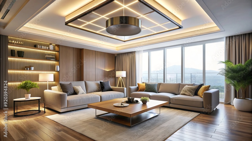 Modern LED ceiling light fixture with sleek design and energy-efficient technology illuminates a contemporary living space with bright, warm, and inviting ambiance. Modern LED ceiling light fixture with sleek design and energy-efficient technology illuminates a contemporary living space with bright, warm, and inviting ambiance.