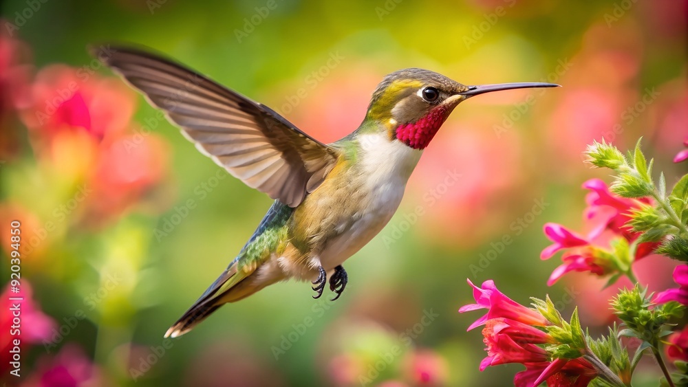 Fototapeta premium Colorful humming bird are flying near flowers and pecking at water droplets falling from beautiful wild flowers pollen. 