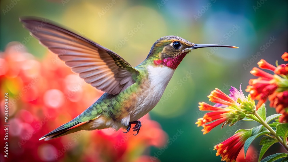 Naklejka premium Colorful humming bird are flying near flowers and pecking at water droplets falling from beautiful wild flowers pollen. 
