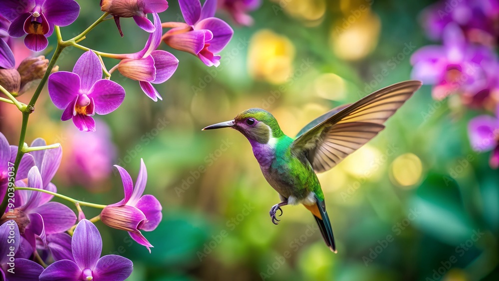 Fototapeta premium Colorful humming bird are flying near flowers and pecking at water droplets falling from beautiful wild flowers pollen. 