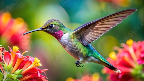 Ultra hd macro Colorful humming bird are flying near flowers and pecking at water droplets falling from beautiful wild flowers pollen.