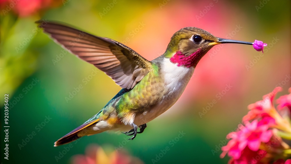 Fototapeta premium Ultra hd macro Colorful humming bird are flying near flowers and pecking at water droplets falling from beautiful wild flowers pollen. 