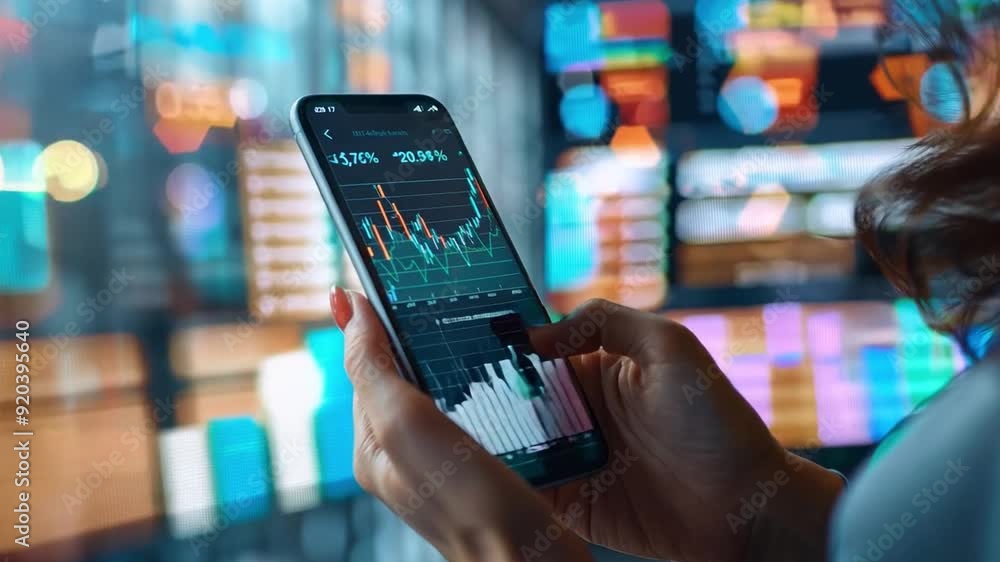A modern finance illustration featuring the hands of a businesswoman holding a smartphone with a detailed financial graph is highlighted by the woman holding the device. A modern finance illustration featuring the hands of a businesswoman holding a smartphone with a detailed financial graph is highlighted by the woman holding the device.